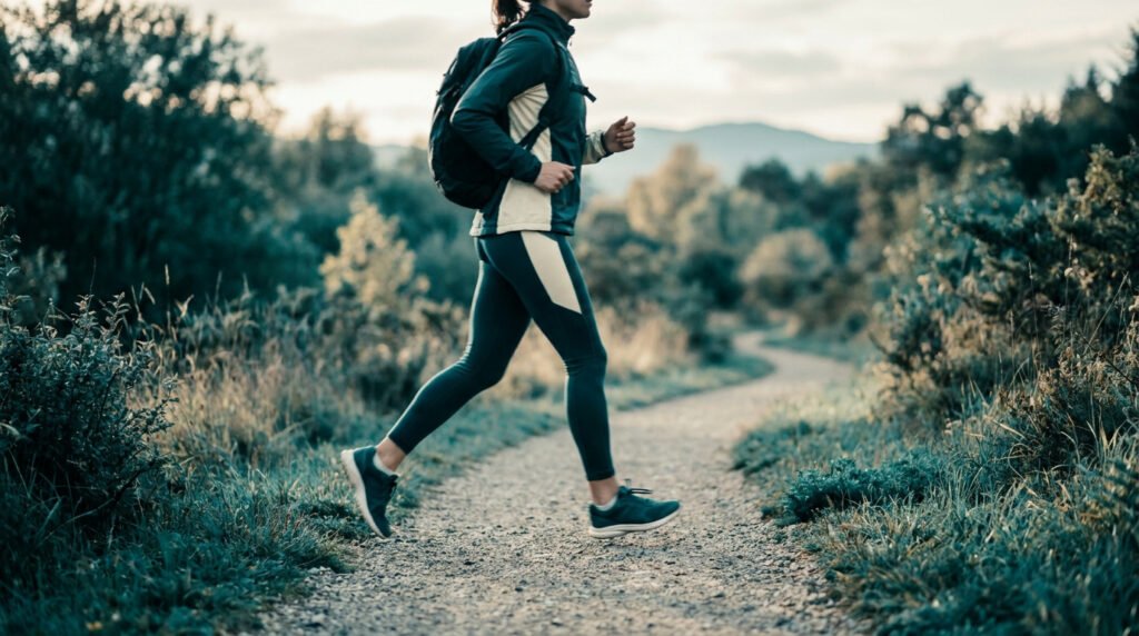 Une femme sportive avec un sac à dos marchant rapidement sur un sentier en pleine nature.