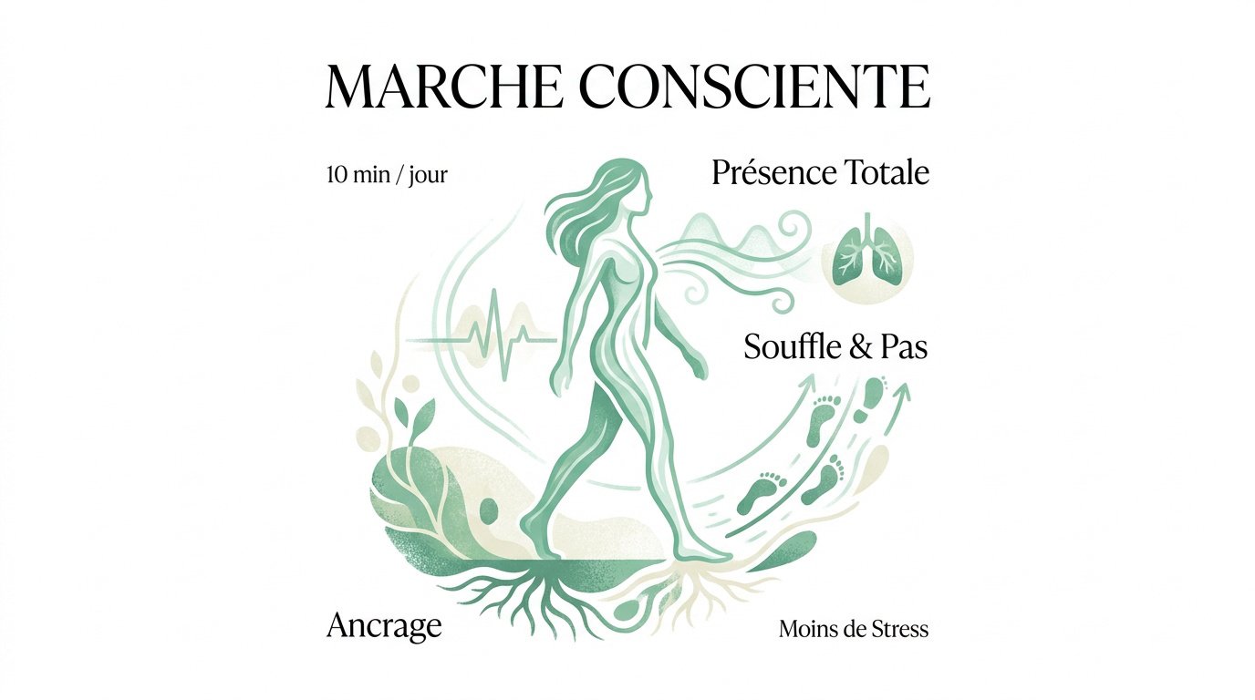 Femme pratiquant la marche consciente en forêt pour réduire son stress
