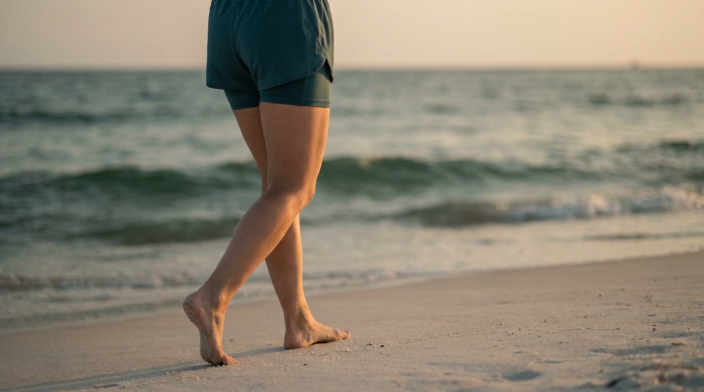 Une personne marche pieds nus sur une plage au bord de l'eau, portant un short de sport.