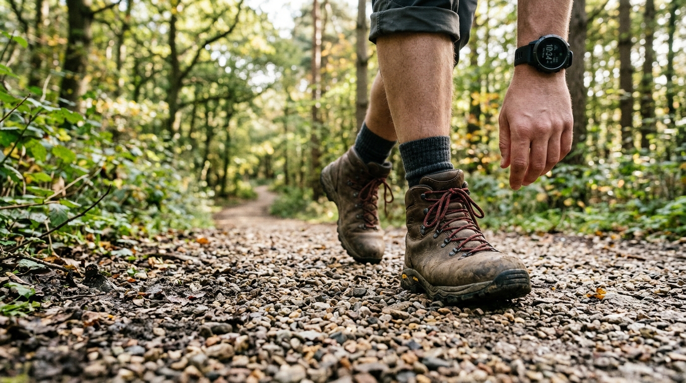 Chaussures de marche sur un sentier de gravier entouré d'arbres, lumière douce