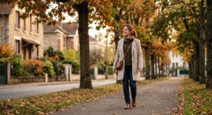 Femme marchant tranquillement dans une rue arborée après le repas, posture détendue