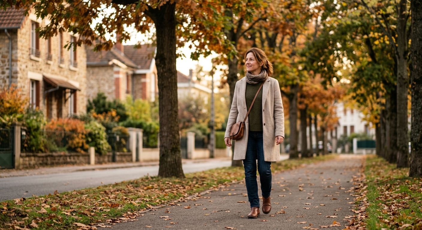 Femme marchant tranquillement dans une rue arborée après le repas, posture détendue