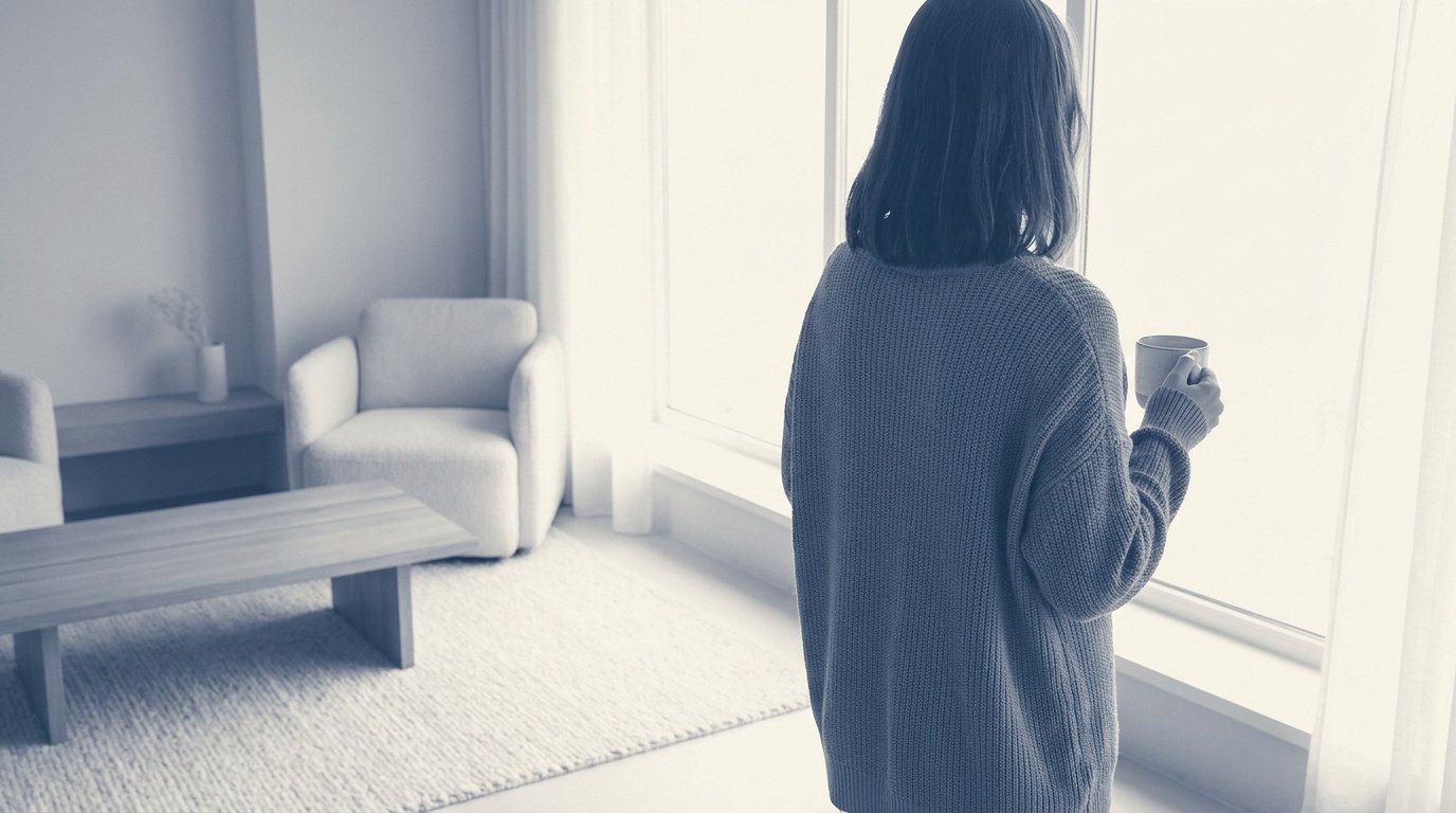 Une femme de dos, vêtue d'un pull en maille, regarde par la fenêtre avec une tasse de café dans un salon minimaliste.