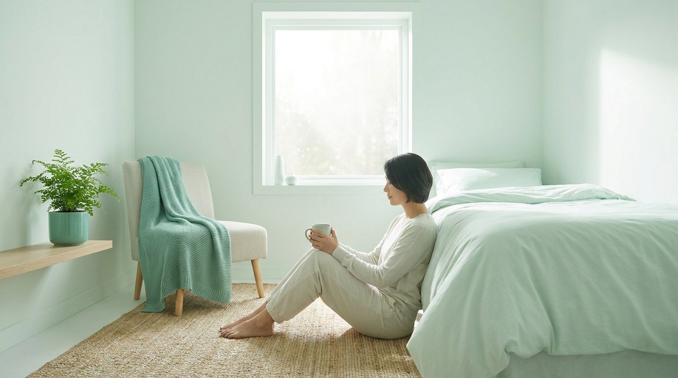 Une femme assise au sol dans une chambre aux tons vert pastel, tenant une tasse de thé près d'un lit.