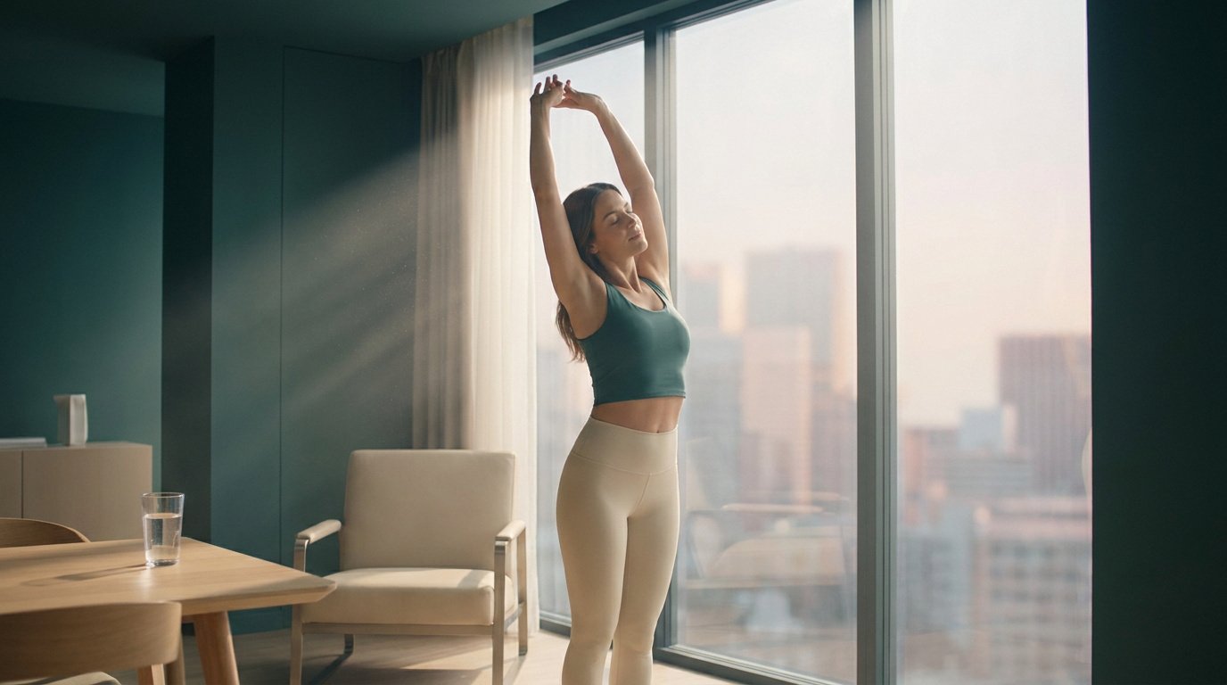 Une femme en tenue de sport s'étire les bras levés près d'une grande baie vitrée avec vue sur la ville au lever du soleil.