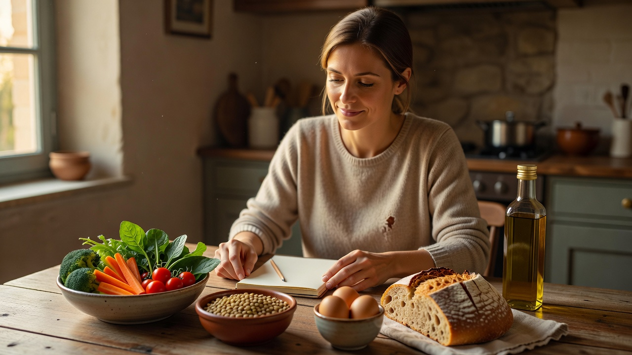 Plan de travail de cuisine avec un menu de la semaine manuscrit posé à côté d'un panier de légumes frais