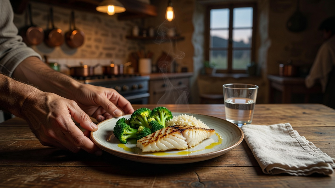 Assiette équilibrée vue de dessus avec légumes, céréales et protéines sur une table claire