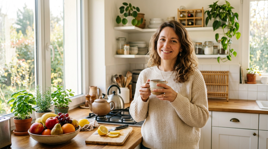 Femme souriante dans une cuisine lumineuse tenant une tasse de thé près de fruits frais