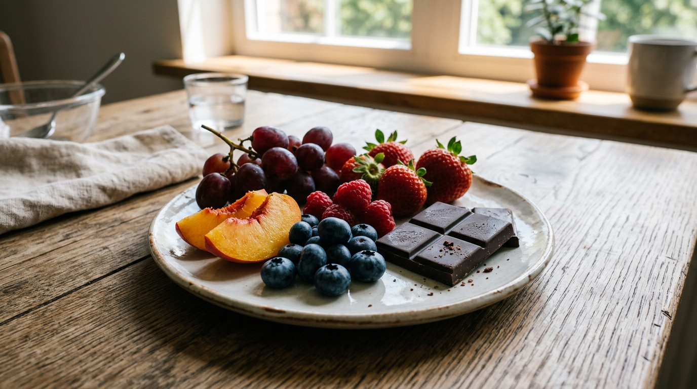 Assiette de fruits frais et carrés de chocolat noir sur une table en bois