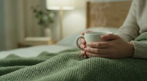 Mains tenant une tasse de thé fumante sous un plaid vert dans une chambre chaleureuse.