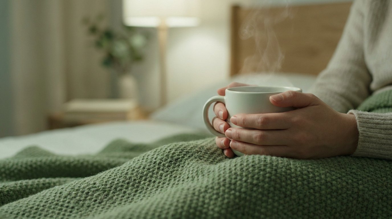 Mains tenant une tasse de thé fumante sous un plaid vert dans une chambre chaleureuse.