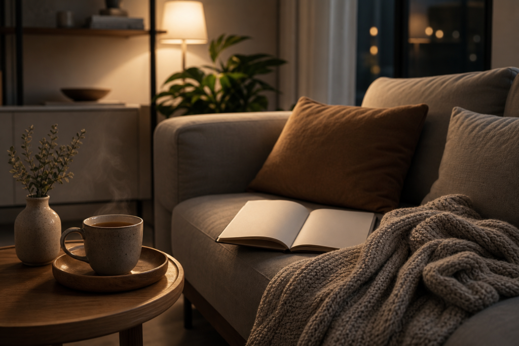 canapé chaleureux avec carnet, plaid et tasse en soirée