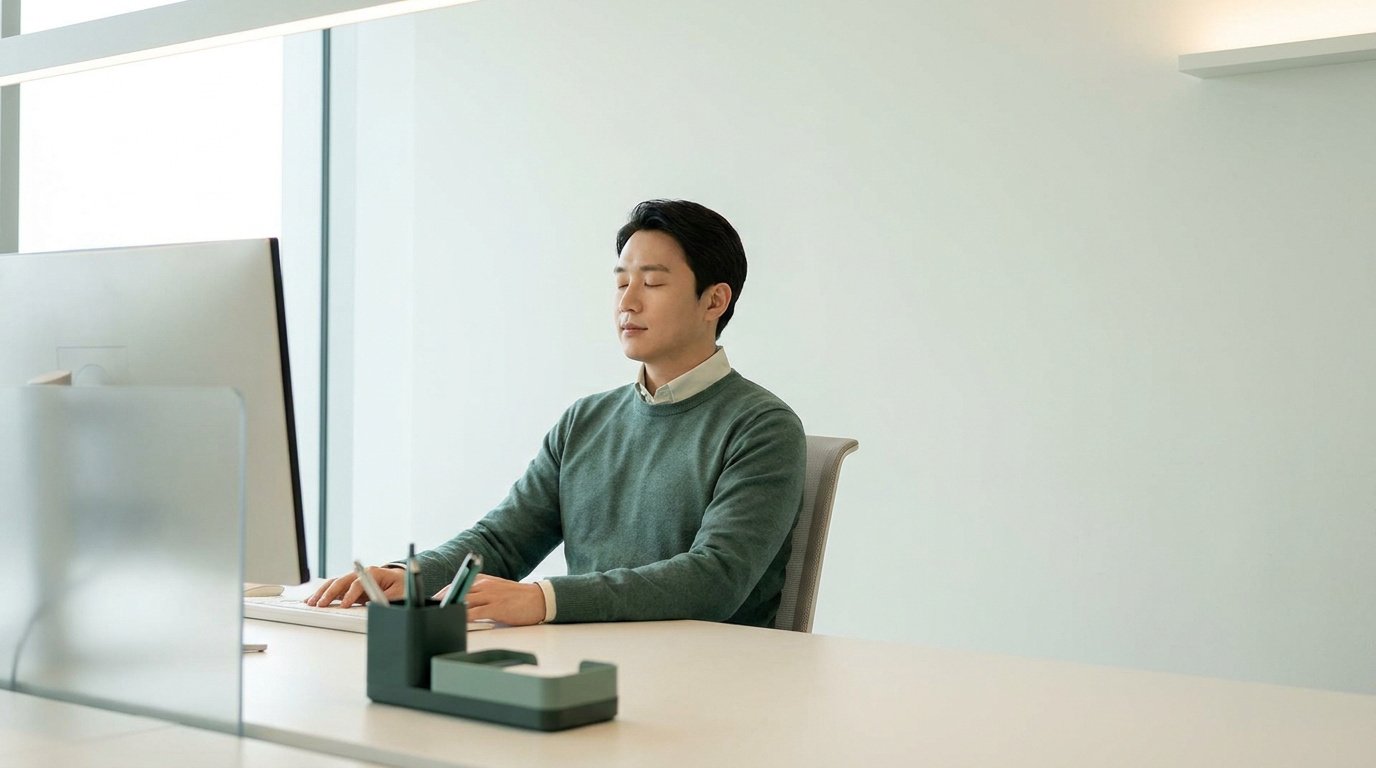 Employé de bureau faisant une pause méditative les yeux fermés devant son ordinateur.