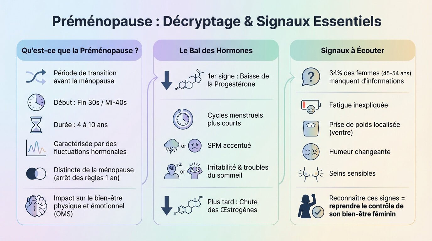 Schéma illustrant les symptômes et fluctuations hormonales durant la préménopause