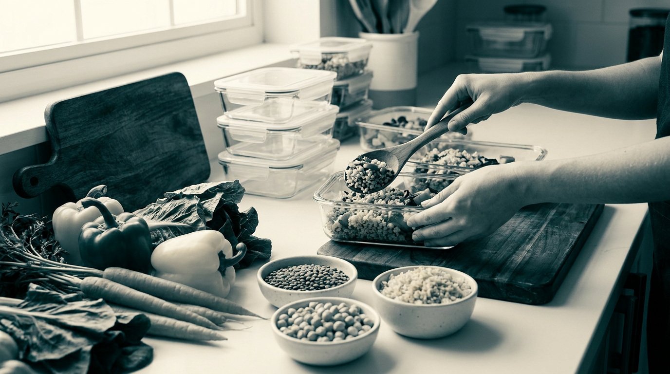 Une personne prépare des repas sains dans des récipients en verre avec des légumes frais et des céréales sur le comptoir.