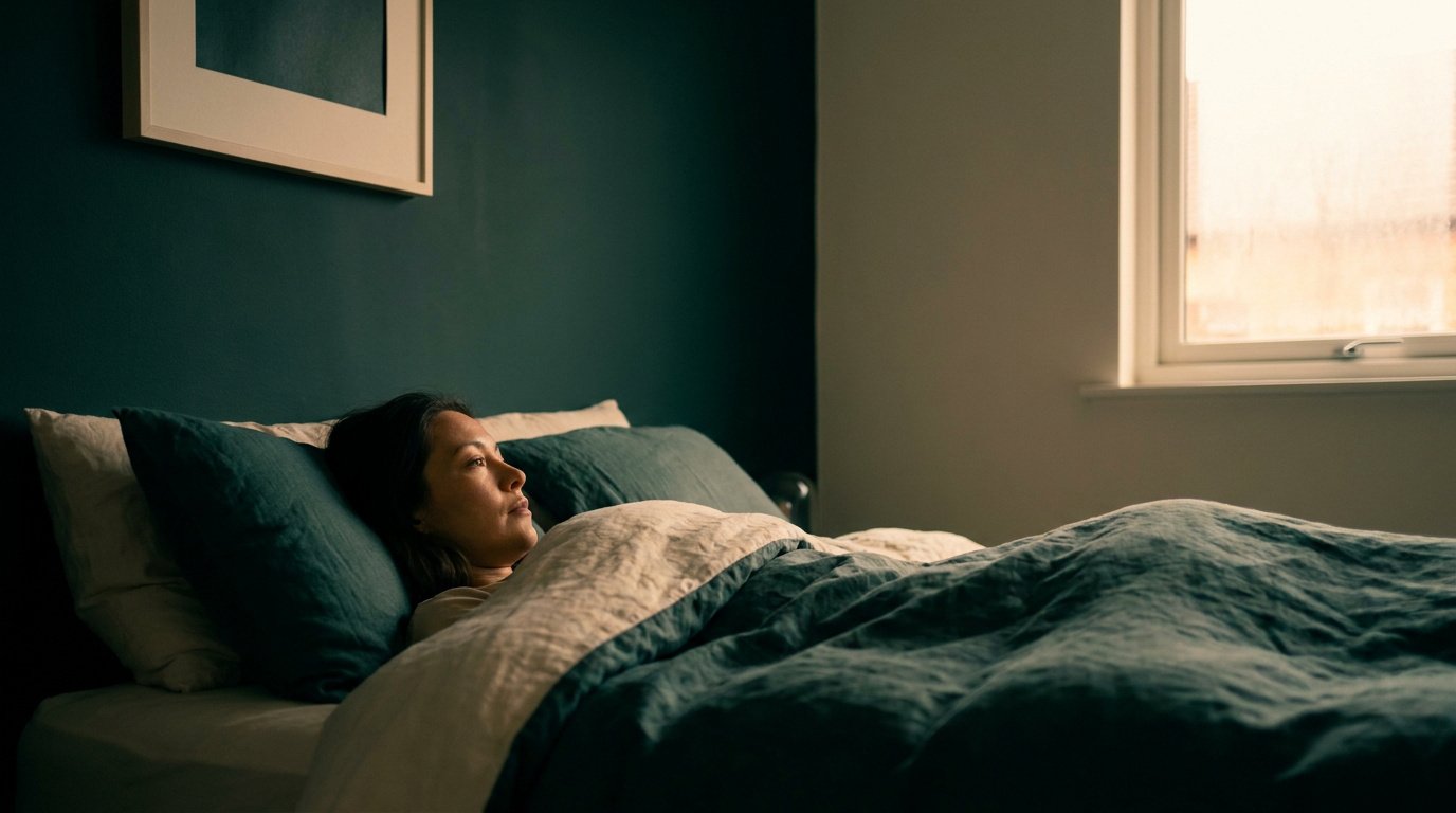 Une femme allongée dans son lit, éveillée, regardant par la fenêtre dans une chambre sombre.