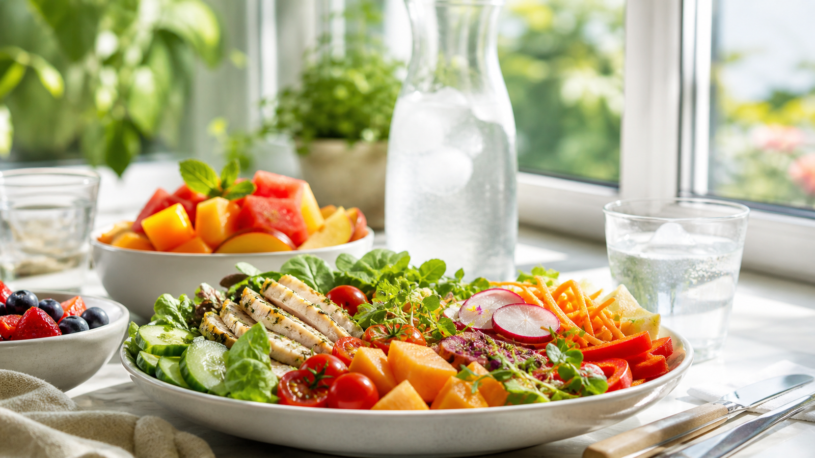 Repas froid équilibré avec légumes frais et eau glacée en été