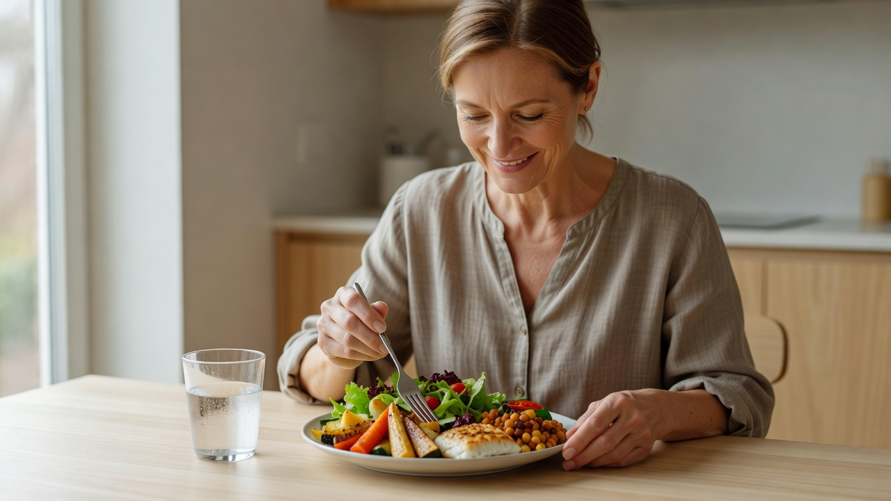 Femme à table avec un repas rassasiant coloré dans une cuisine claire et lumineuse