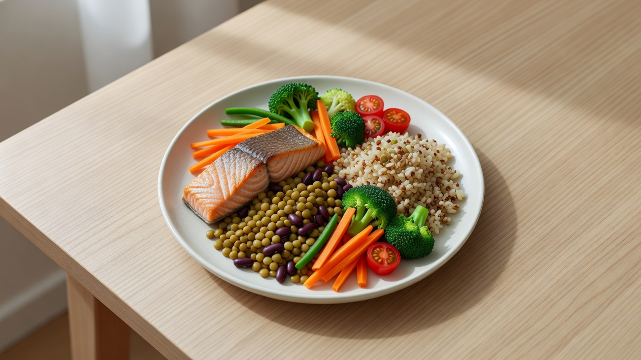 Assiette rassasiante vue de dessus avec protéines, légumes et céréales complètes