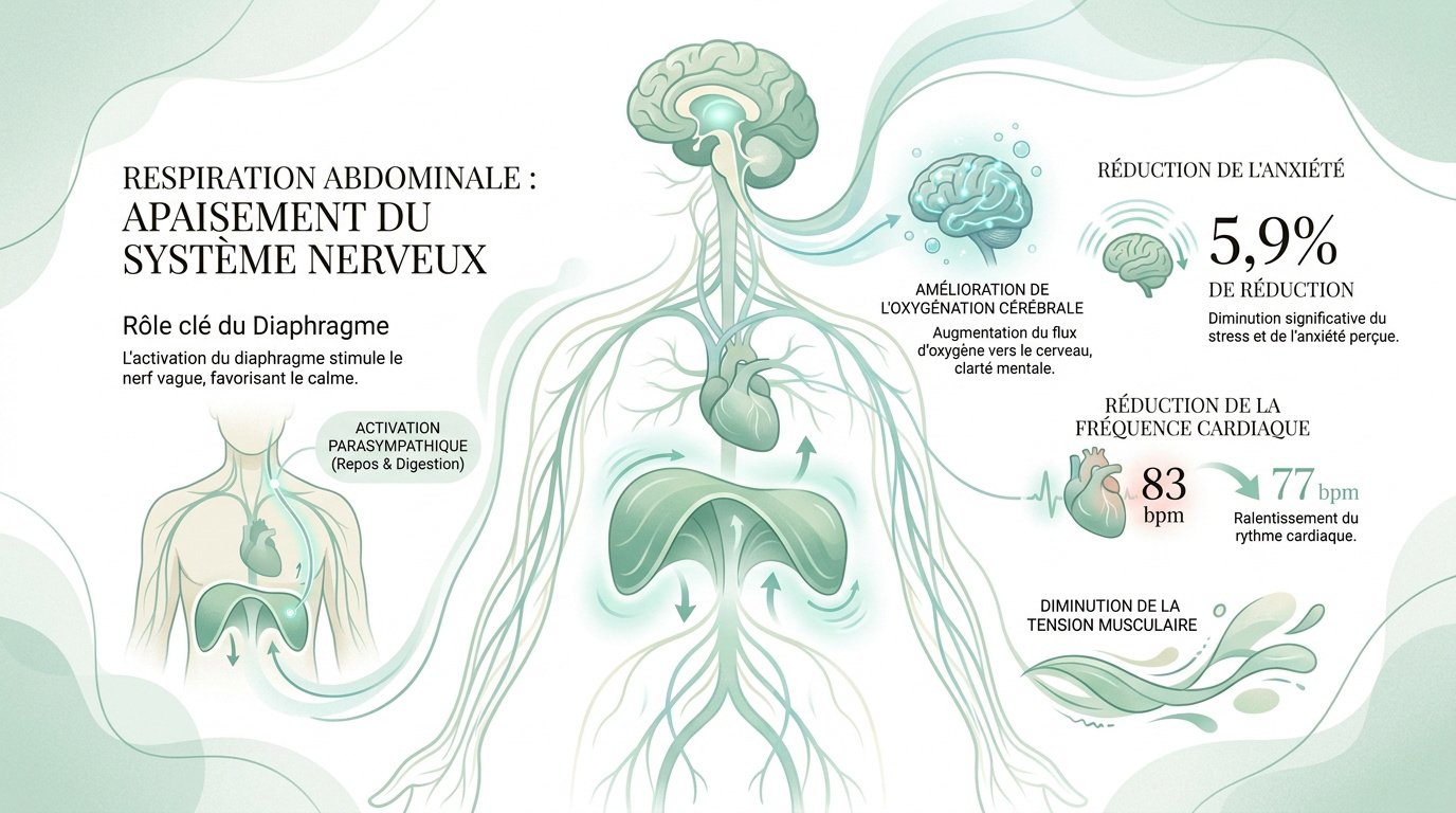 Femme pratiquant la respiration abdominale pour apaiser son système nerveux