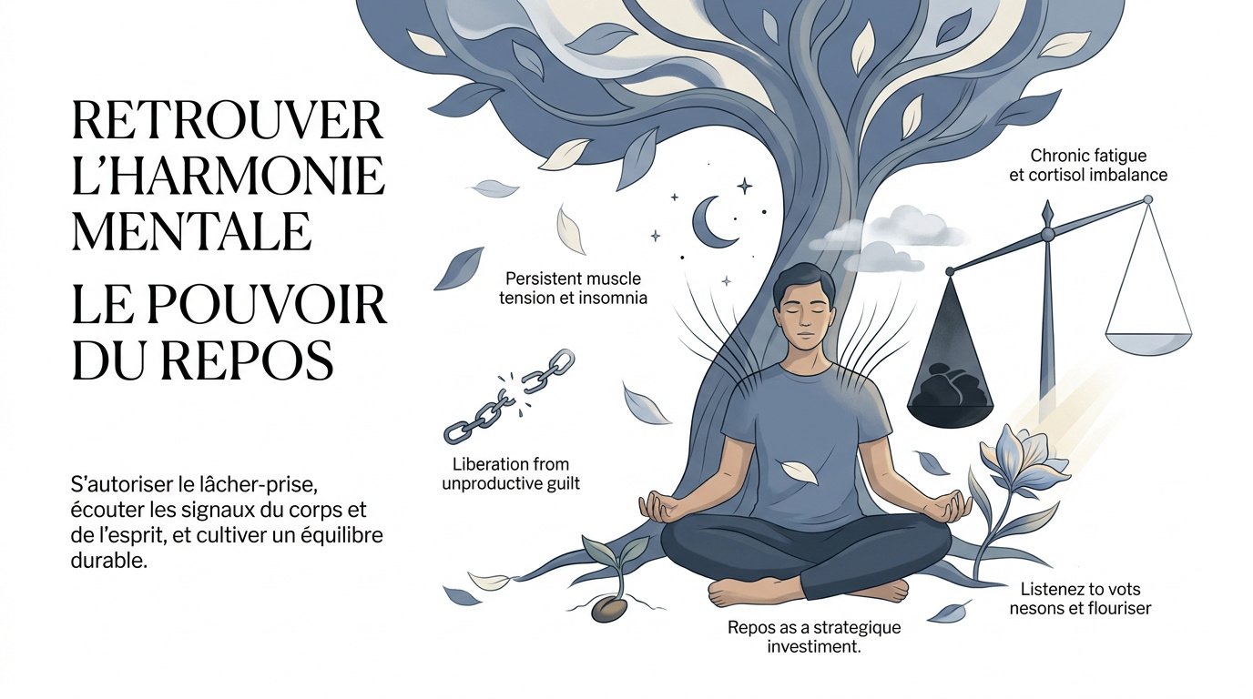 Une illustration montrant un homme méditant sous un arbre, symbolisant l'équilibre mental et le lâcher-prise.