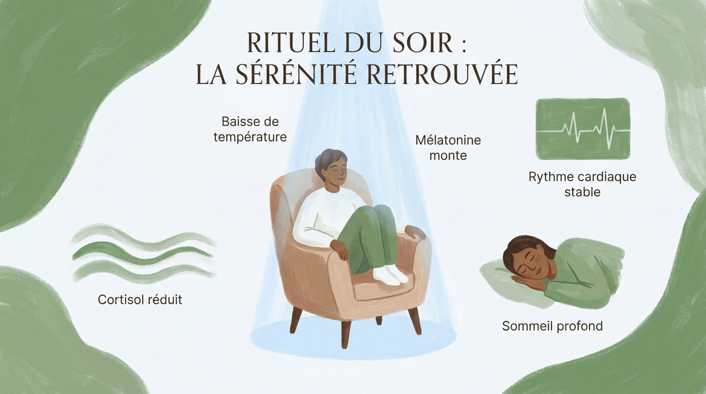 Femme pratiquant un rituel de relaxation le soir pour apaiser son système nerveux