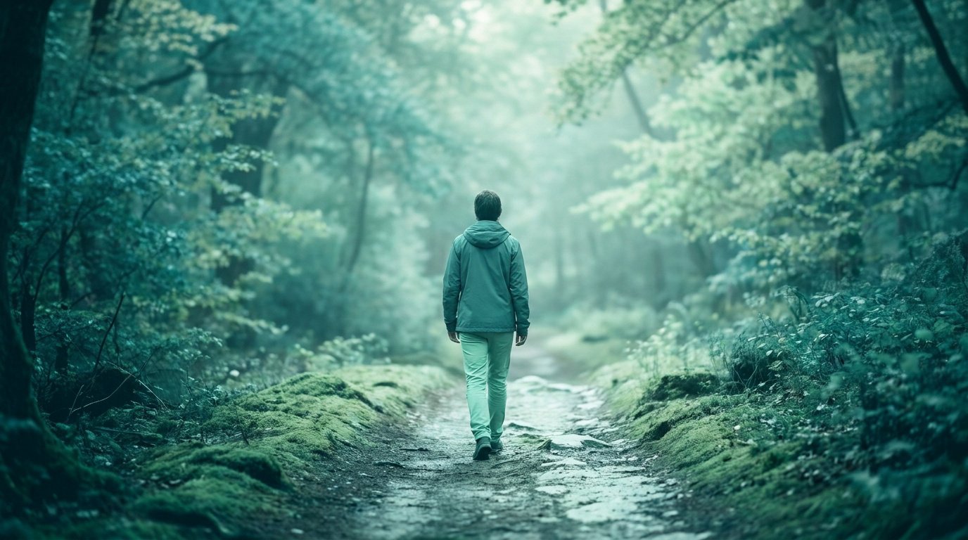 Une personne vue de dos marchant sur un sentier forestier embrumé dans une atmosphère apaisante aux tons verts.