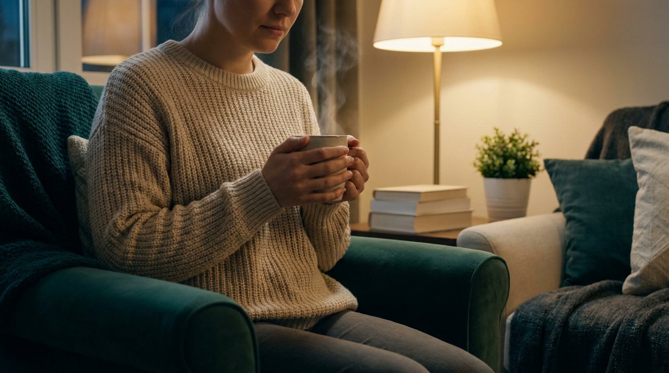 Une femme en pull chaud tenant une tasse fumante dans un fauteuil confortable.