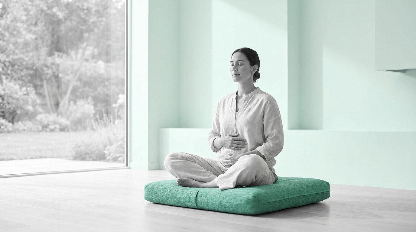 Femme assise en tailleur sur un coussin vert, pratiquant la respiration abdominale dans une pièce lumineuse et zen.