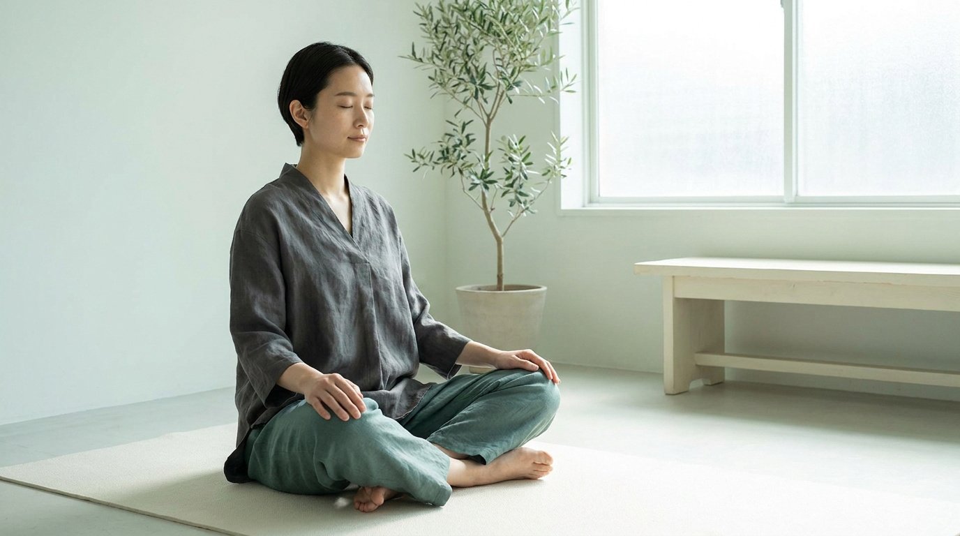 Une femme assise en tailleur sur un tapis, pratiquant la méditation dans une pièce lumineuse au design minimaliste.