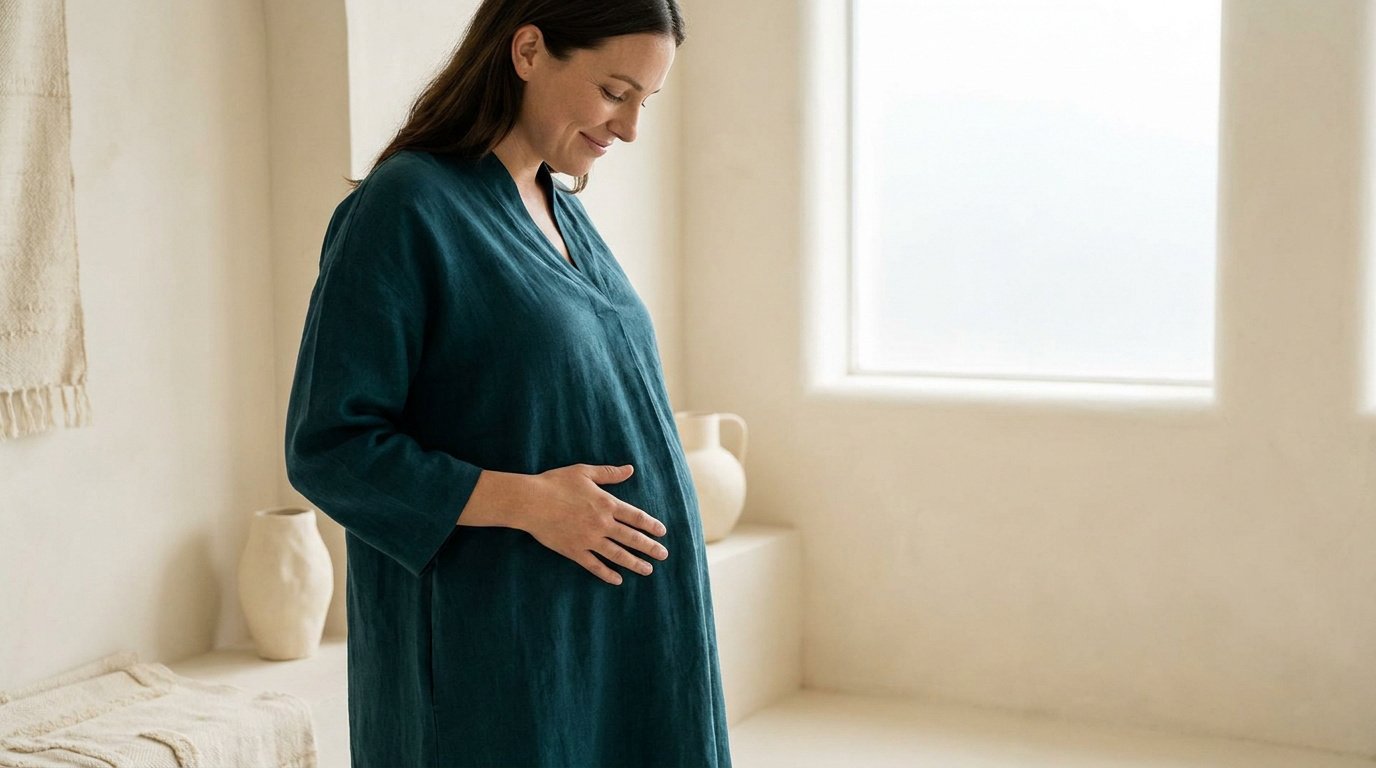Une femme souriante en robe bleue pose doucement sa main sur son ventre, évoquant les inconforts abdominaux.