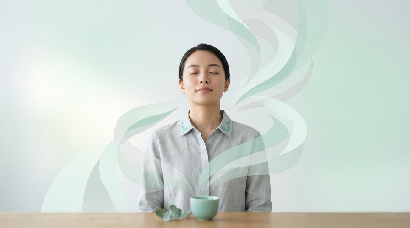 Une femme sereine les yeux fermés devant une tasse, entourée de formes graphiques abstraites et apaisantes.