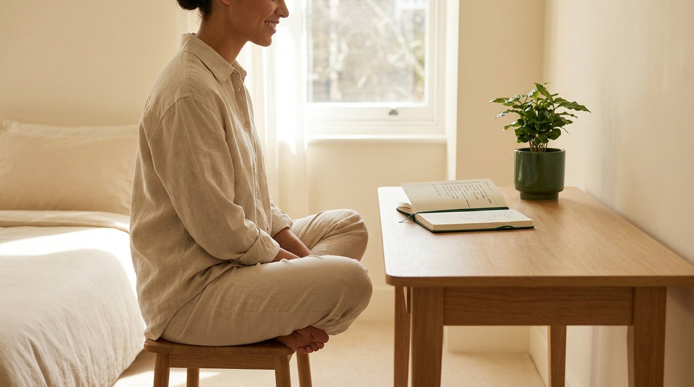Une femme assise en tailleur devant un bureau en bois, avec un carnet ouvert et une plante, dans une chambre lumineuse.