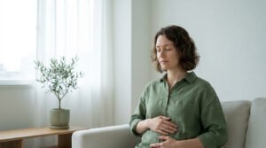 Femme détendue pratiquant des exercices respiratoires sur un canapé lumineux.