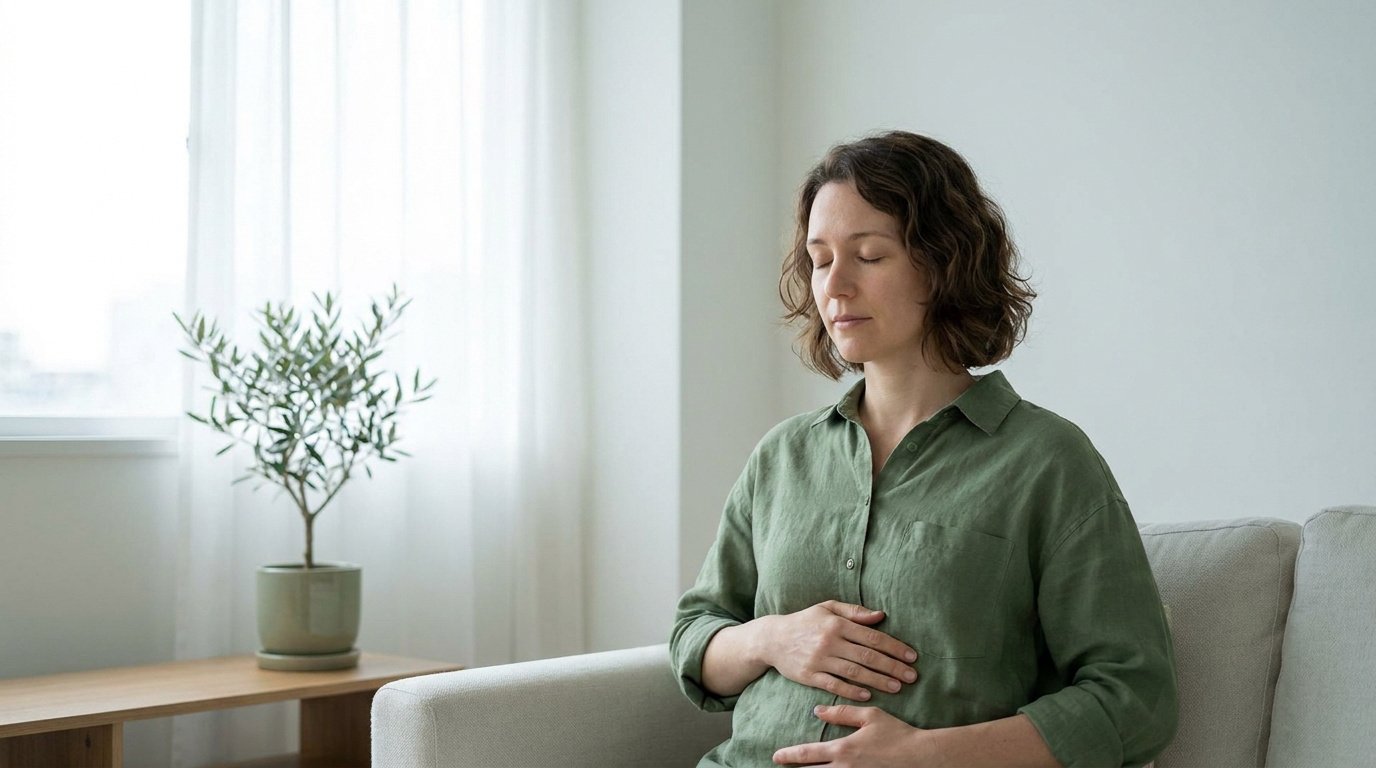 Femme détendue pratiquant des exercices respiratoires sur un canapé lumineux.