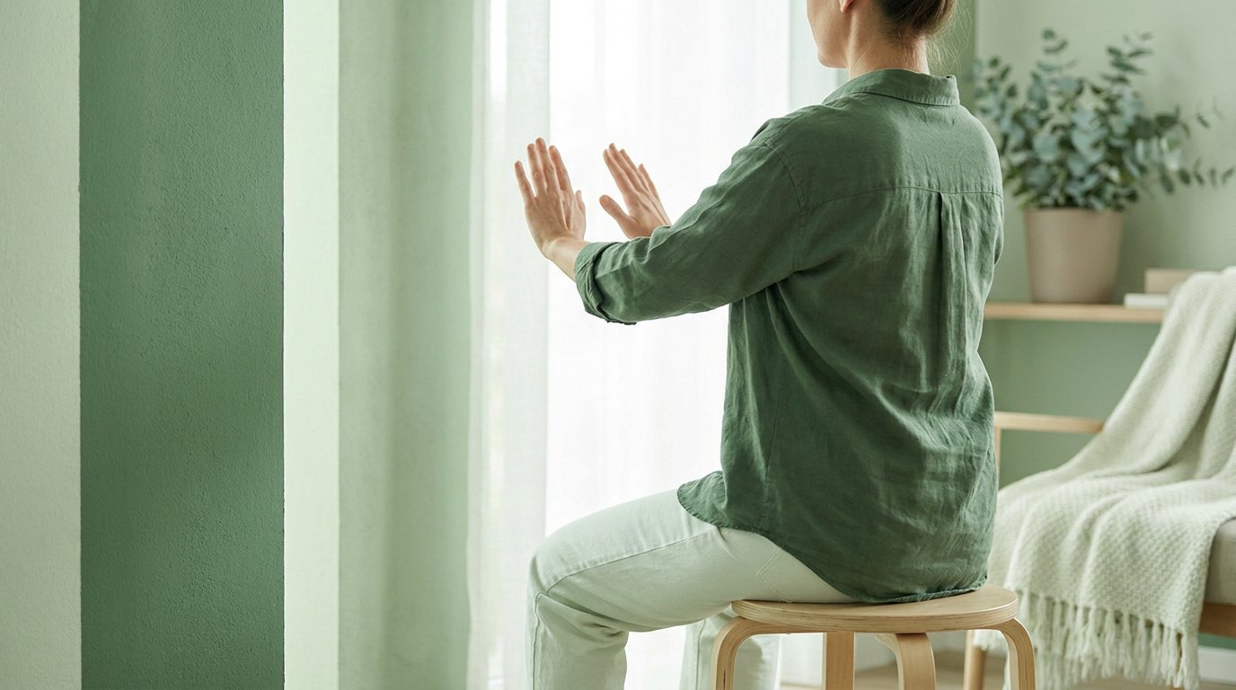 Une femme assise sur un tabouret effectuant des exercices de respiration ou de relaxation face à une fenêtre.