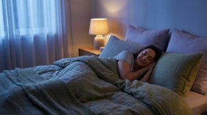 Une femme souriante dort paisiblement sur le côté dans un lit douillet, la chambre est éclairée par une lampe et la lumière bleue de la fenêtre.