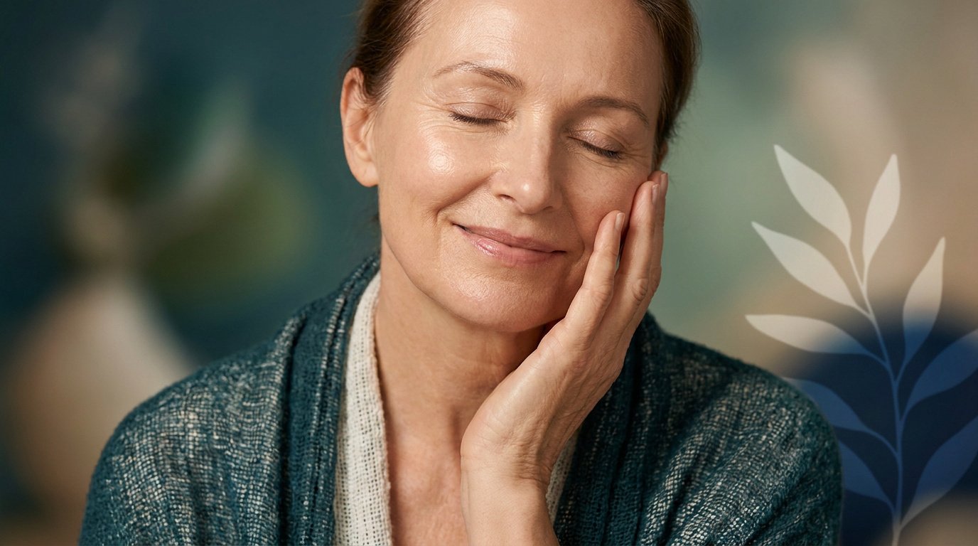 Une femme mature sereine touche délicatement sa joue, illustrant le soin de la peau pendant la ménopause.