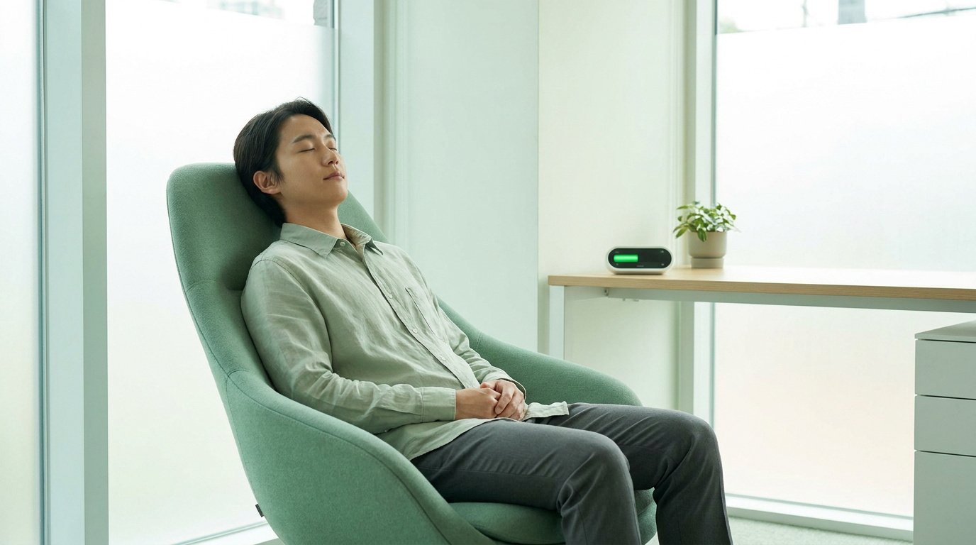 Un jeune homme fait une micro-sieste paisible assis dans un fauteuil vert moderne dans un bureau lumineux.