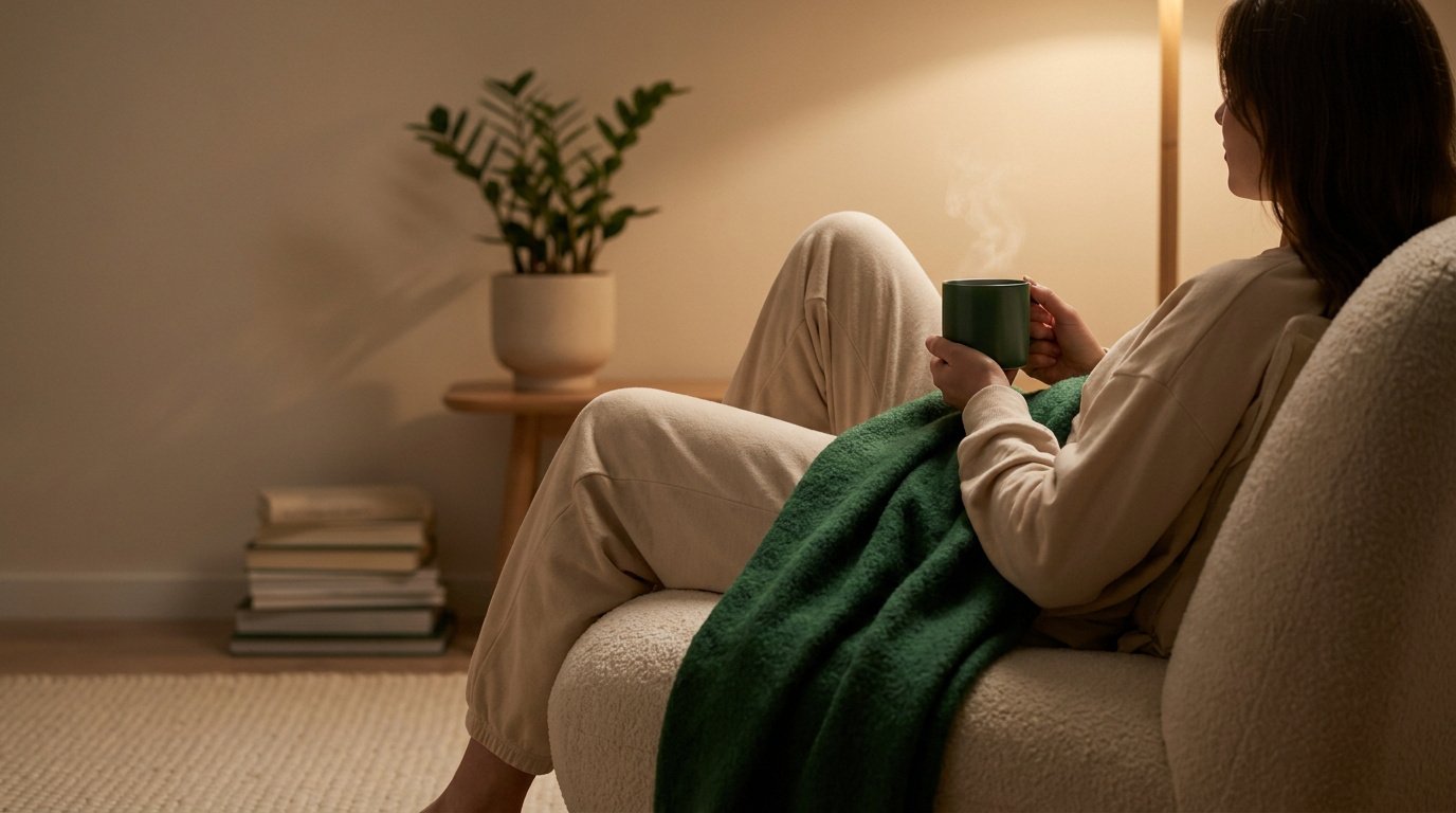 Une femme assise dans un fauteuil confortable avec une tasse fumante, sous une lumière douce.