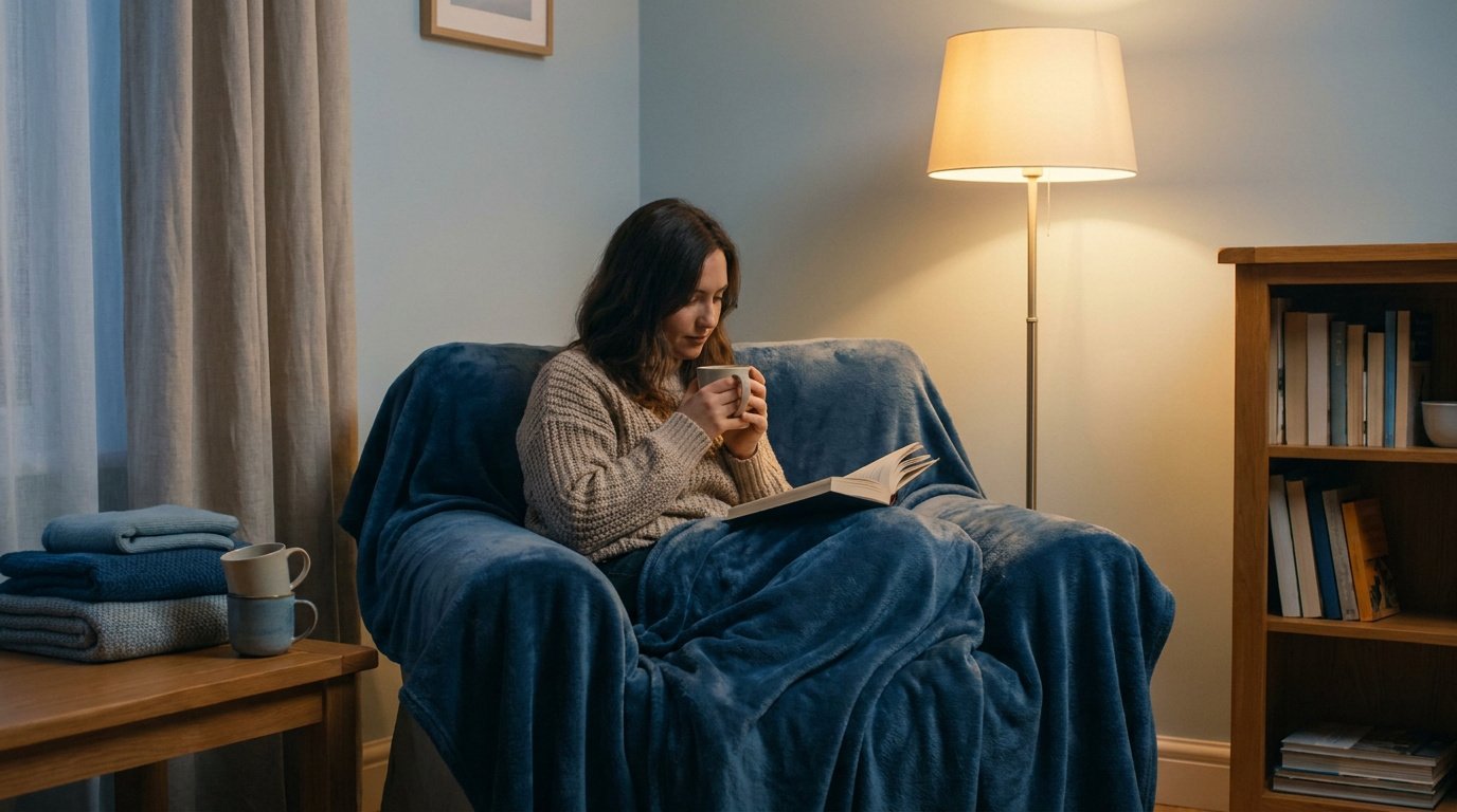 Une femme lit un livre, emmitouflée dans une couverture bleue sur un fauteuil, éclairée par une lampe douce.
