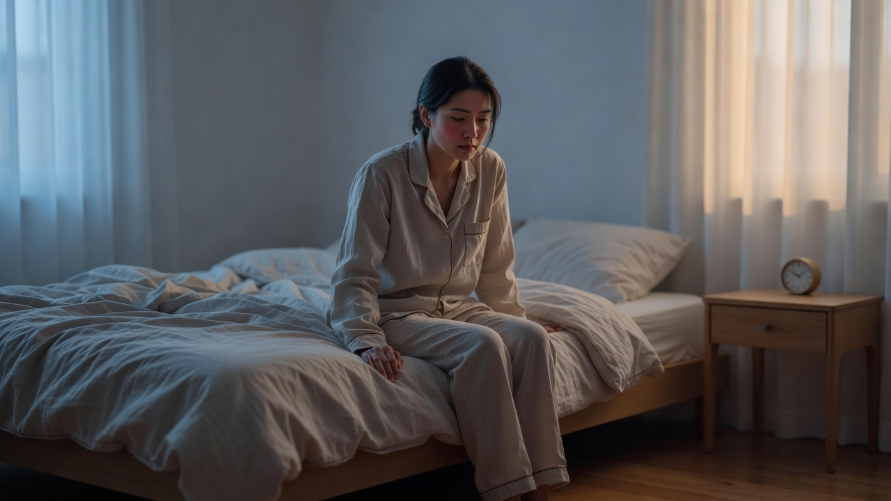 Lit défait dans une chambre tamisée, lumière douce, illustration d'un sommeil léger et de réveils nocturnes