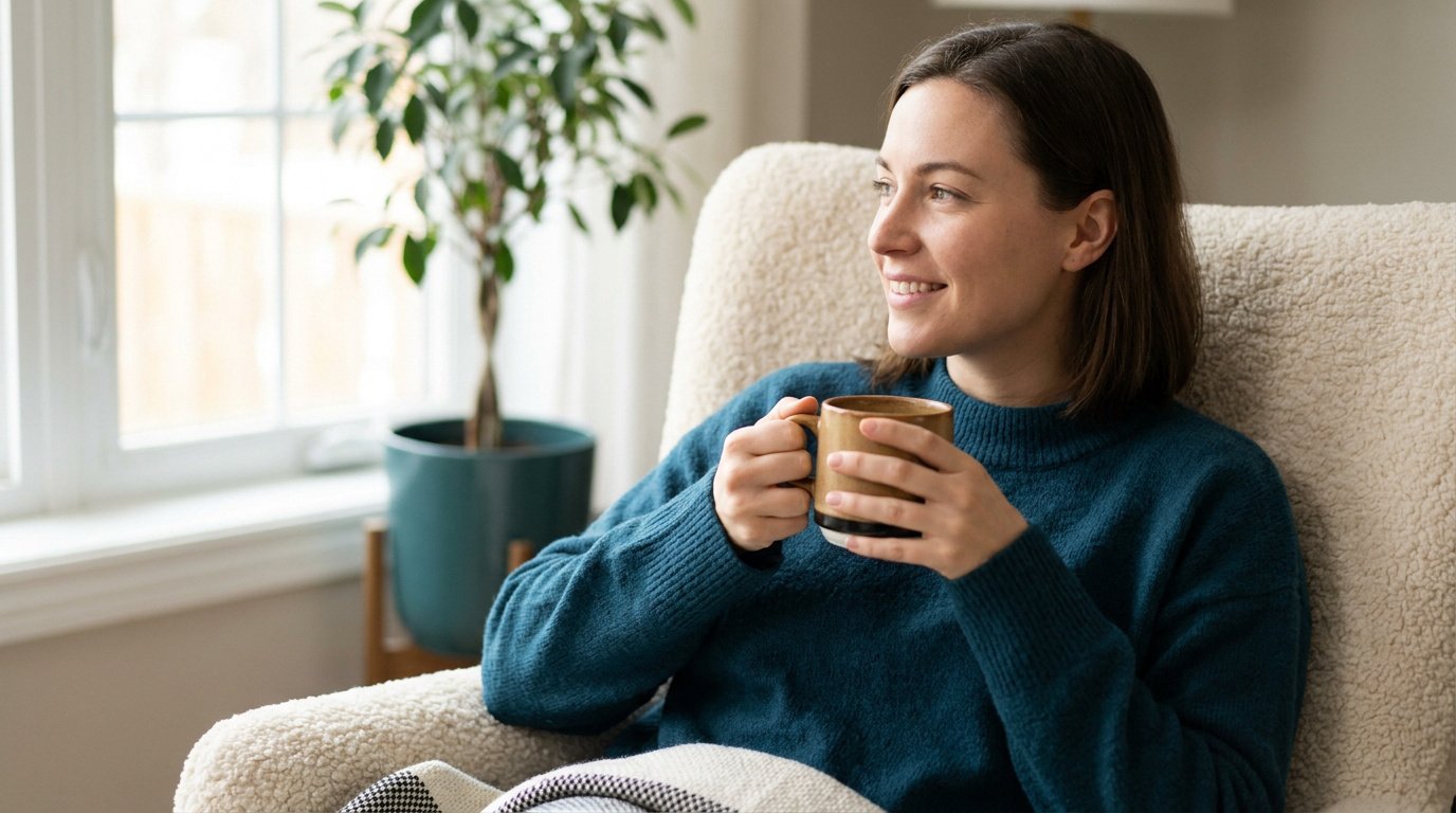Une jeune femme détendue avec un pull bleu tient une tasse chaude, assise dans un fauteuil confortable.