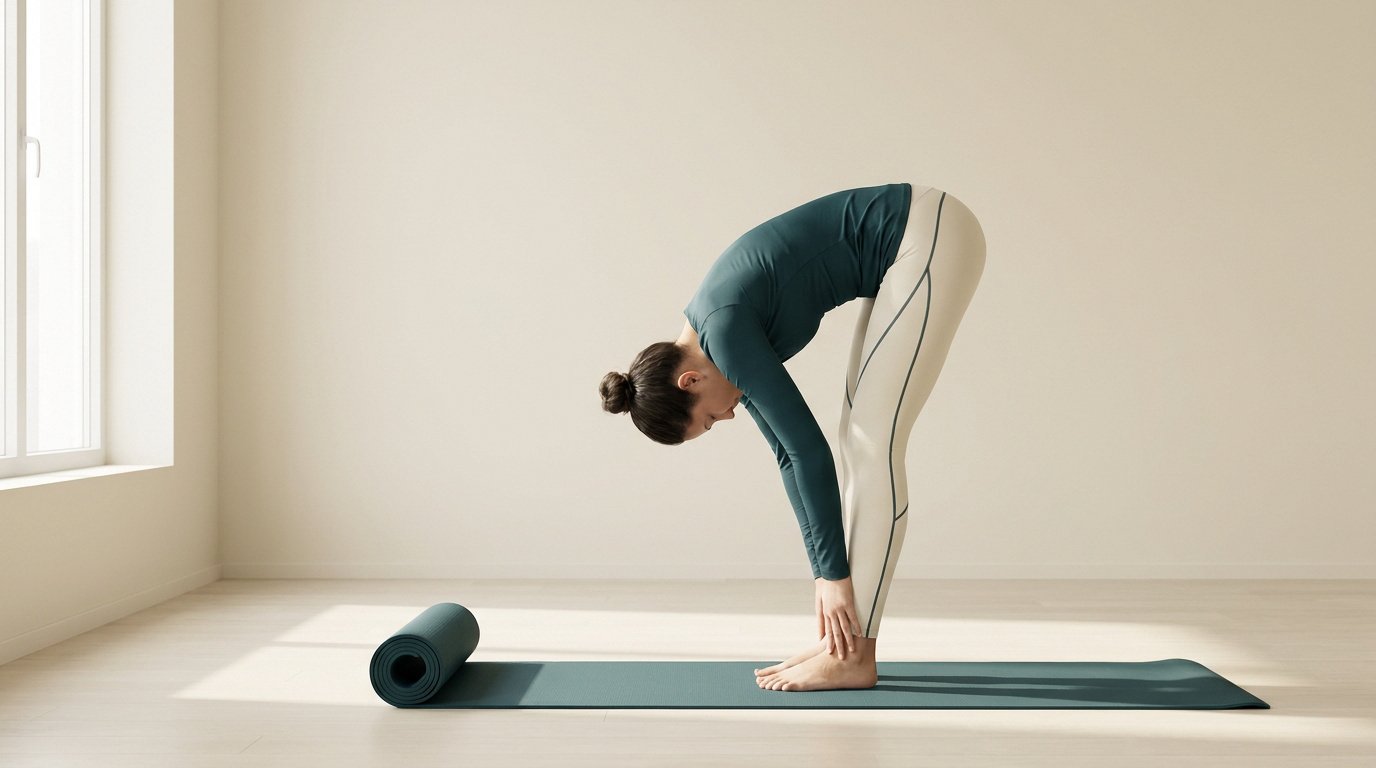Une femme en tenue de sport réalise une flexion avant sur un tapis de yoga dans une pièce lumineuse.