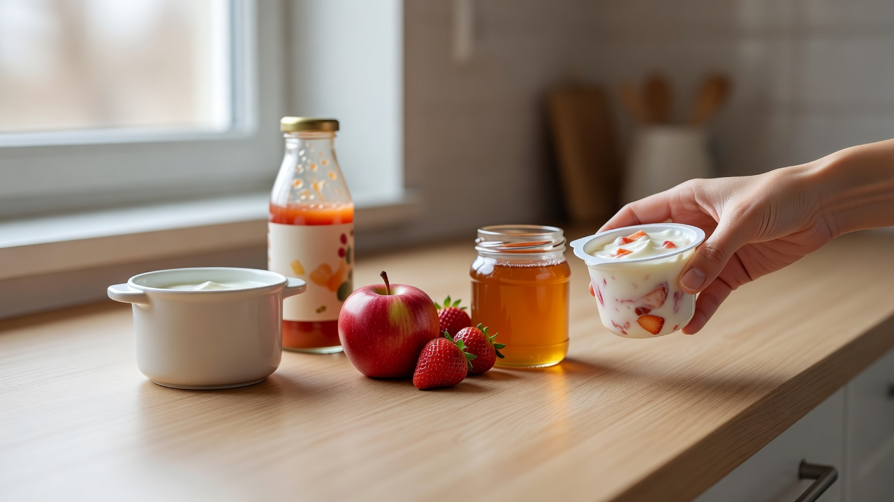 Étiquettes de produits courants posées sur un plan de cuisine pour repérer les sucres cachés