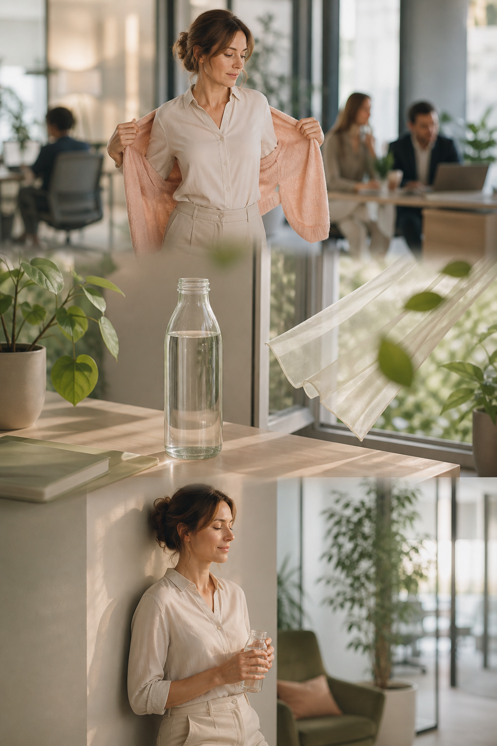 Femme au bureau adaptant sa tenue, gardant de l'eau à portée de main puis prenant une courte pause