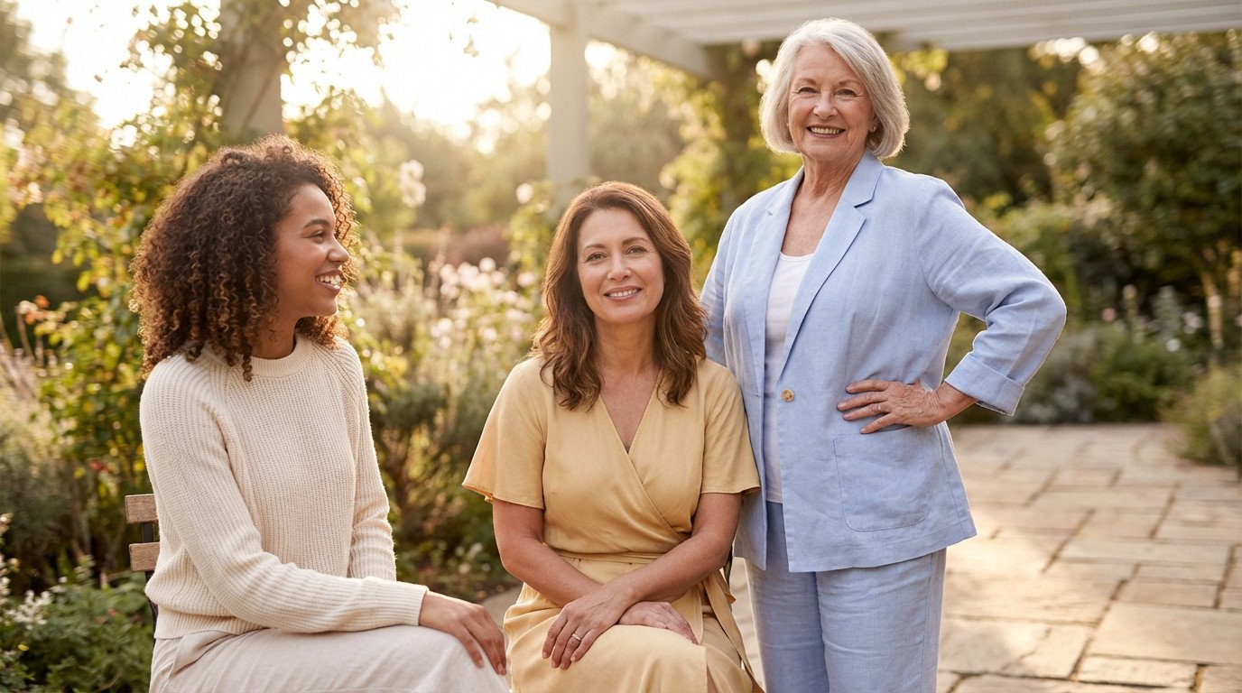 Trois femmes souriantes de générations différentes (jeune, adulte, âgée) dans un jardin ensoleillé, symbolisant la vitalité.