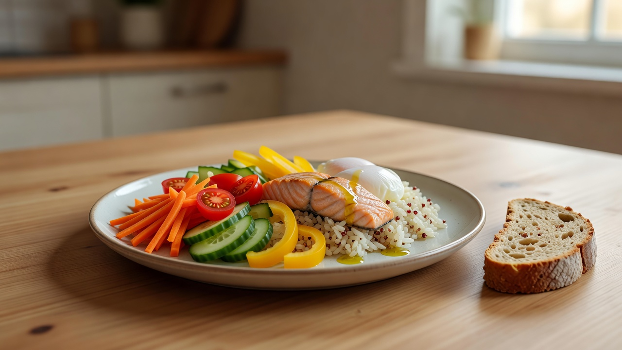 Assiette de déjeuner composée de légumes, de protéines et de féculents sur une table claire en lumière naturelle