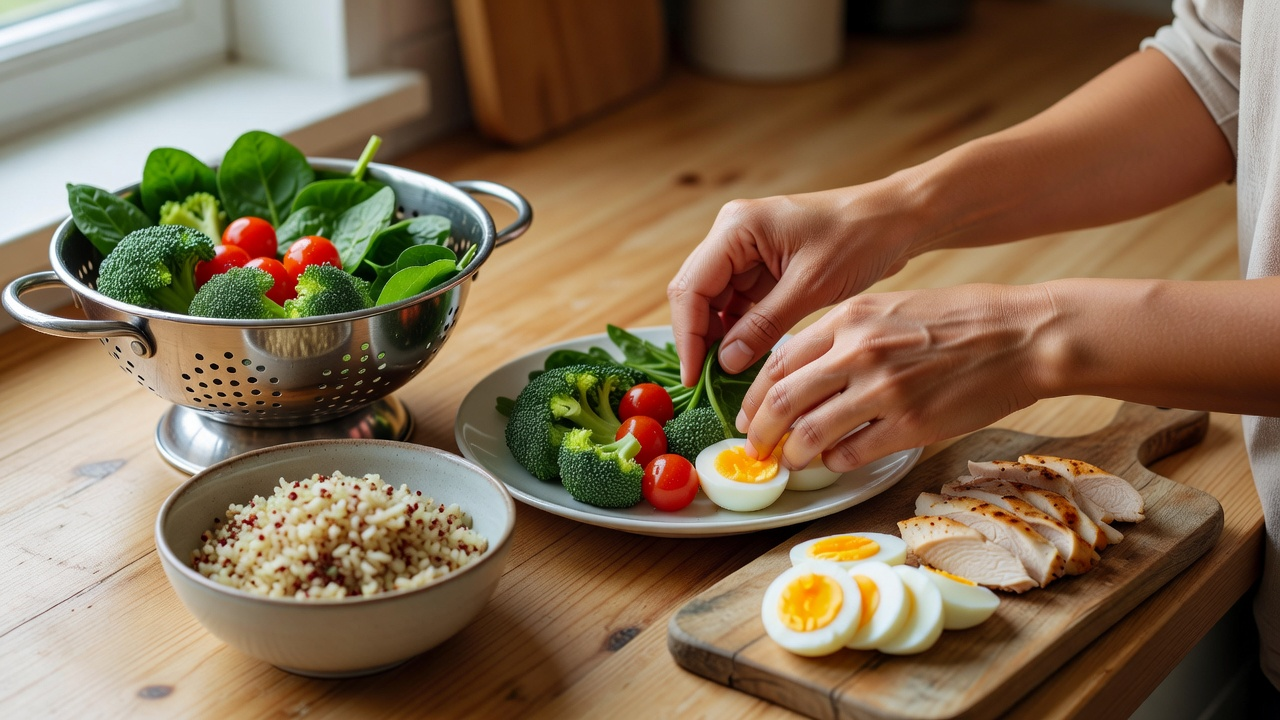 Mains garnissant une assiette de déjeuner avec légumes et féculents dans une cuisine claire