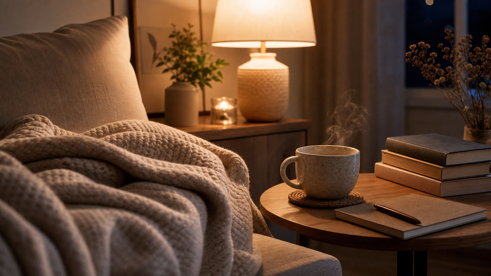 Routine du soir apaisante avec lampe douce, carnet et tisane